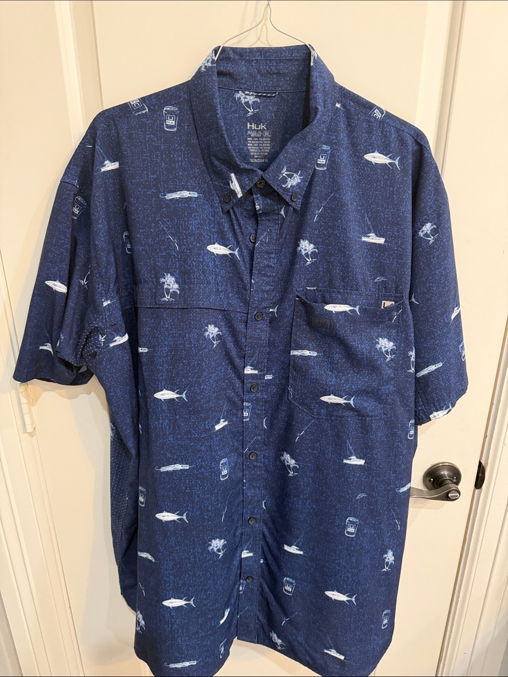 Huk Navy Short-Sleeve Button-Down with Fishing Print